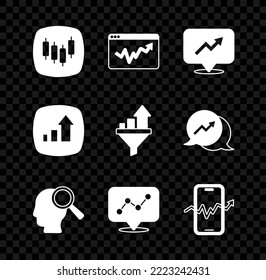 Set Browser with stocks market, Graph chart infographic, Financial growth, Search people, Mobile trading,  and Sales funnel icon. Vector
