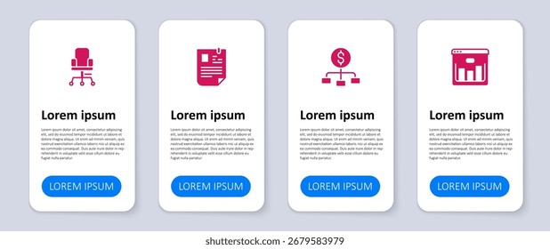 Definir Navegador com mercado de ações, dólar Hierarquia, Retomar e Office cadeira. Modelo de infográfico comercial. Vetor