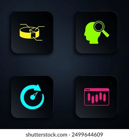 Navegador con mercado de valores, infografía de gráfico circular, medidor de velocidad digital y personas de Búsqueda. Botón cuadrado negro. Vector