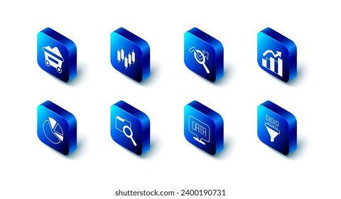 Set Browser with stocks market, Search data analysis, Financial growth, Binary code, Data, folder, Pie chart infographic and Coal mine trolley icon. Vector