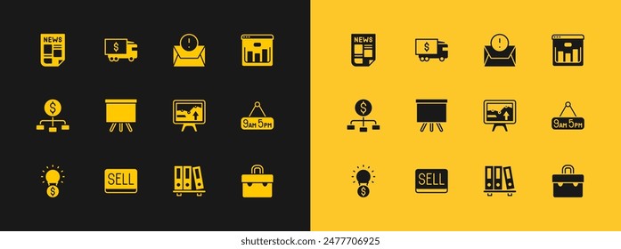 Set Browser with stocks market, Sell button, Monitor graph chart, Office folders, Chalkboard, Envelope, News and Armored truck icon. Vector