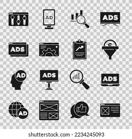 Set Browser window, Advertising, Lead management, Magnifying glass and analysis, setting,  and Clipboard with graph chart icon. Vector