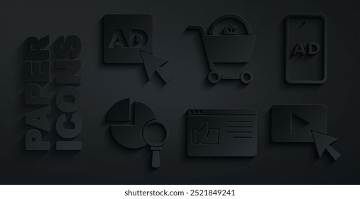 Set Browser window, Advertising, Magnifying glass and analysis, Shopping cart dollar and  icon. Vector