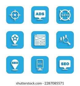 Set Browser window, Advertising, SEO optimization, Magnifying glass and analysis, Map pointer with star,  and Target sport icon. Vector