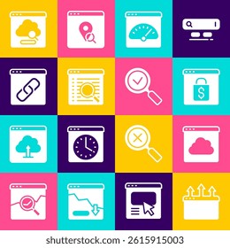 Set Browser window, Cloud technology data transfer, Online shopping on screen, Digital speed meter, Search engine,  and Magnifying glass with check mark icon. Vector