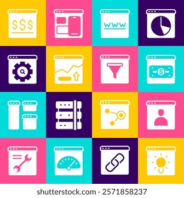Set Browser window, Create account screen, Online shopping on, Financial growth increase, setting,  and  icon. Vector