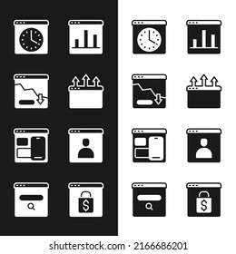 Establecer la ventana del navegador, Disminución del crecimiento financiero, infografía del gráfico de gráficos, código de programación del desarrollador web, Crear pantalla de cuenta, Comprar en línea e icono del motor de búsqueda. Vector