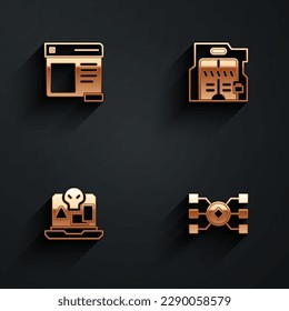 Set Browser window, Futuristic sliding doors, Internet piracy and Neural network icon with long shadow. Vector