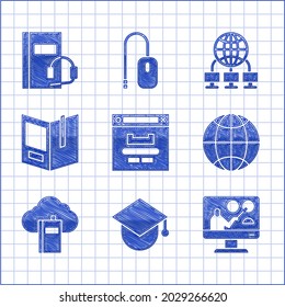 Set Browser window, Graduation cap on globe, Online education, Social network, Cloud online library, Open book, Computer and Audio icon. Vector