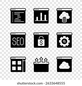 Set Browser window, Graph chart infographic, Cloud technology data transfer, files, SEO optimization and Online shopping screen icon. Vector
