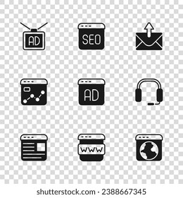 Set Browser window, Headphones, Worldwide, Advertising, Mail and e-mail, SEO optimization and Market analysis icon. Vector