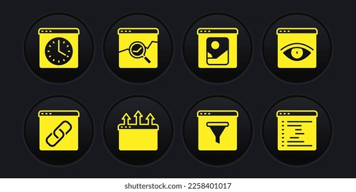 Establecer ventana del navegador, incógnito, retoque de fotos, sitio web con mercado de valores e icono. Vector