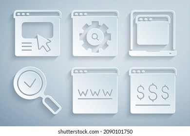 Set Browser window, Laptop with browser, Magnifying glass check mark, Online shopping on screen, setting and UI or UX design icon. Vector