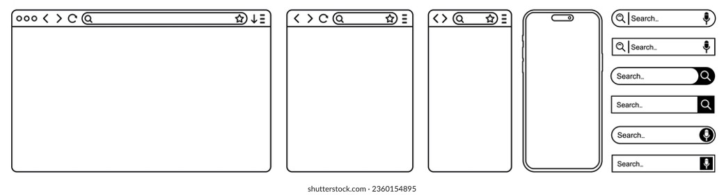 Establecer la ventana del navegador en estilo de línea, smartphone, página web en blanco, barra de búsqueda en internet, ventana del navegador de simulación de plantillas de línea en computadora, tablet y teléfono móvil, teléfono móvil modelo lineal - vector