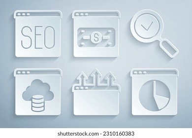Browser-Fenster, Gläserglas mit Häkchen, Cloud-Technologie-Datenübertragung, Grafik-Grafik, Online-Shopping auf dem Bildschirm und SEO-Optimierung-Symbol. Vektorgrafik