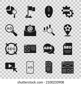 Set Browser window, SEO optimization, Map pointer with star, Computer mouse, Mail and e-mail, Advertising, Magnifying glass analysis and  icon. Vector
