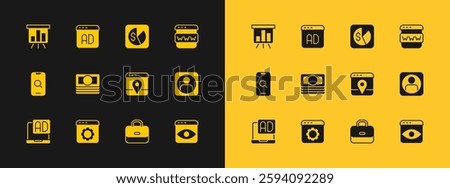 Set Browser window, setting, Infographic of city map, Briefcase, Stacks paper money cash, Market analysis, Board with chart and Advertising icon. Vector