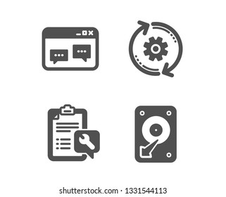 Set of Browser window, Spanner and Cogwheel icons. Hdd sign. Website chat, Repair service, Engineering tool. Hard disk.  Classic design browser window icon. Flat design. Vector