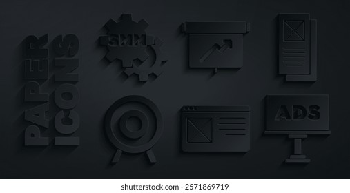 Set Browser window, Target sport, Advertising, Board with graph chart and Social media marketing icon. Vector