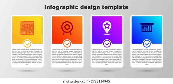 Browserfenster, Zielsport, Kartenzeiger mit Stern- und Boarddiagramm festlegen. Vorlage für Geschäftsinformationen. Vektorgrafik