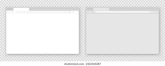 A set of browser window in white and gray on a transparent background. Website layout with search bar, toolbar and buttons. Vector illustration.