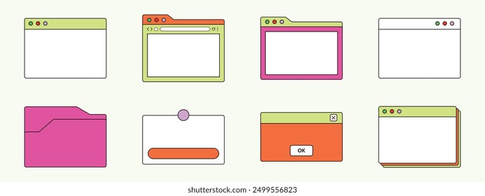 Set of browser windows, folders, and cards in bright colors, brutalism style