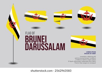 Set of Brunei Darussalam flag in 5 designs: flag on pole, brush stroke, skew, round and standard. vector, flat, isolated on grey background