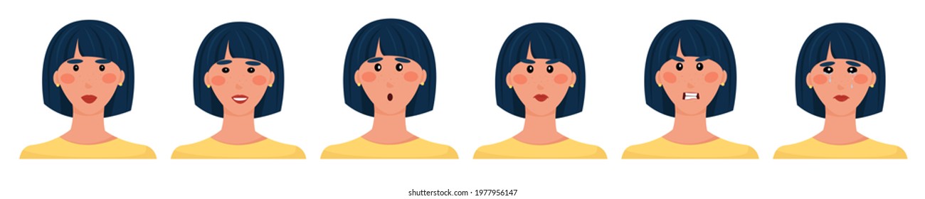 Set of brunette avatars with different facial expressions. Cute cartoon female character. Smile, disappointment, surprise, tears, anger, sad. Vector illustration isolated on white background, flat