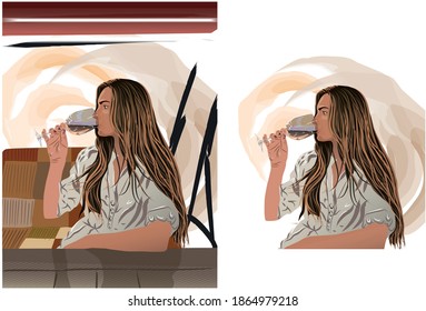 Set of a brunette in beige blouse drinking a glass of wine while sitting and looking away. Vector