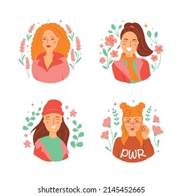 The set of brunette and blonde girls’ portraits for stickers, cards, and social media. The faces and avatars of women with flowers for girl power, feminism. The vector illustration