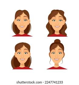 Set of brunette female avatars with a smile and different hairstyles