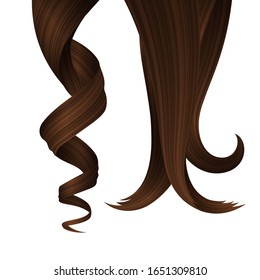 Set of Brunette Wavy Strands of Hair. Vector Realistic 3d Illustration. Design Element for Hairdressers, Beauty Salons, Hair Care Cosmetics, Shampoo, Conditioner or Hair Dye Packaging