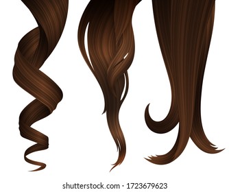 Set of Brunette Wavy Strands of Hair. Vector Realistic 3d Illustration. Design Element for Hairdressers, Beauty Salons, Hair Care Cosmetics, Shampoo or Conditioner Packaging