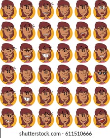 Set of brunette young girl emojis; Cheerful, sad, angry, content ... and many more expressions.
