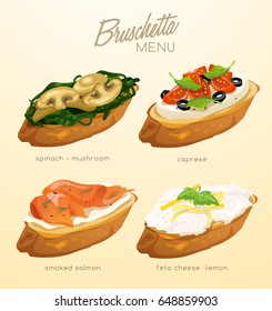 Set of Bruschetta : Delicious Italian appetizer : Vector Illustration