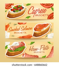 Set of Bruschetta : Delicious Italian appetizer : Vector Illustration