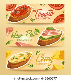 Set of Bruschetta : Delicious Italian appetizer : Vector Illustration
