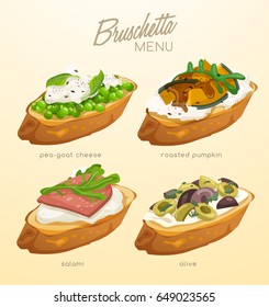 Set Of Bruschetta : Delicious Italian Appetizer : Vector Illustration