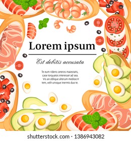 Set of Bruschetta with different ingredients - salmon, tomatoes, shrimps, meat, parmesan. Flat vector illustration on white background. Place for text. Advertising flyer or greetings card design.