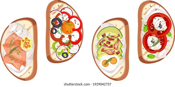 Set Of Bruschetta With Topping Isolated Illustration