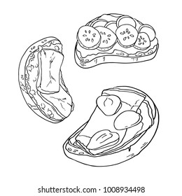 Set of bruschettas with ham, cheese, fruit and vegetables isolated on white background. Hand drawn vector illustration.