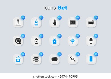 Set Cepillo para limpieza, jabón antibacteriano, botella de líquido lavavajillas, casa, refrigerador, vidrio de vino, ventanas limpiadoras de caucho e icono de delantal de cocina. Vector