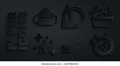 Set Brush for cleaning, Basin with soap suds, Home service, Washing dishes, Dishwashing liquid bottle and Wet wipe pack icon. Vector