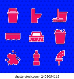 Set Brush for cleaning, Bottle agent, Rubber cleaner windows, Bucket with foam, Water spill, Sponge, Mop and bucket and Trash can icon. Vector