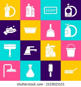 Set Brush for cleaning, Bucket, Dishwashing liquid bottle and plate, Bar of soap, Plastic basin, Washing hands with,  and Dustpan icon. Vector