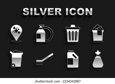 Set Brush para la limpieza, Cubo con espuma, Bolsa de basura, Agente de botella, lata de basura, Servicio residencial e Icono de botella líquida de lavado de lavado. Vector