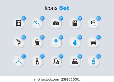 Set Brush for cleaning, Bucket, Hanger wardrobe, Antibacterial soap, Bathtub, Washer and Toilet brush icon. Vector