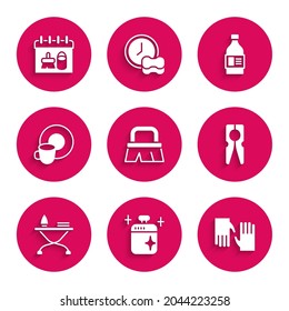 Set Brush for cleaning, Clean cooking pot, Rubber gloves, Clothes pin, Iron and ironing board, Washing dishes, Bottle agent and Cleaning calendar icon. Vector