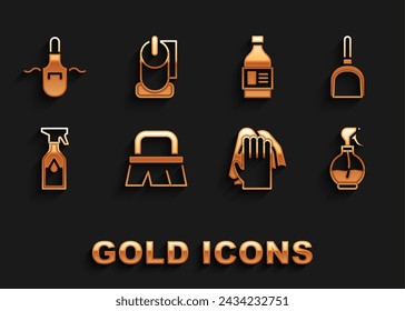 Set Brush for cleaning, Dustpan, Water spray bottle, Cleaning service, Bottle agent, Kitchen apron and Toilet paper roll icon. Vector