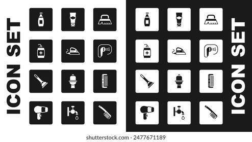 Set Brush for cleaning, Electric iron, Hand sanitizer bottle, Bottle of liquid soap, Shower, Tube toothpaste, Hairbrush and Rubber plunger icon. Vector